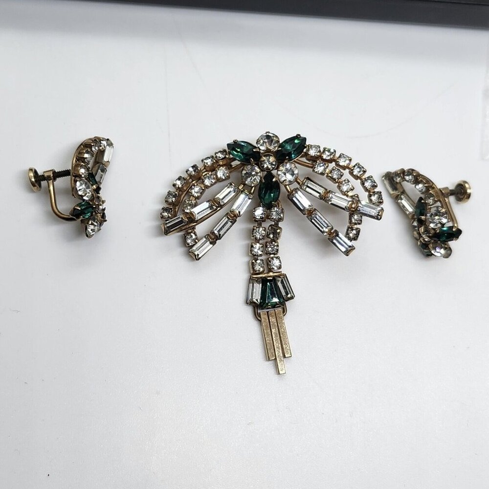 Vintage Phyliss 1/20 12k Gold Filled Brooch/ Pendant And Earrings Green Clear...